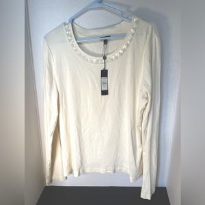New talbots classic 100% cotton off white cream beaded scoop neck long sleeve t